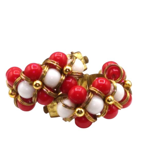 Vintage Cluster Hoop Earrings, Red and White Beads with Gold Tone Rings, Unique - Picture 2 of 4